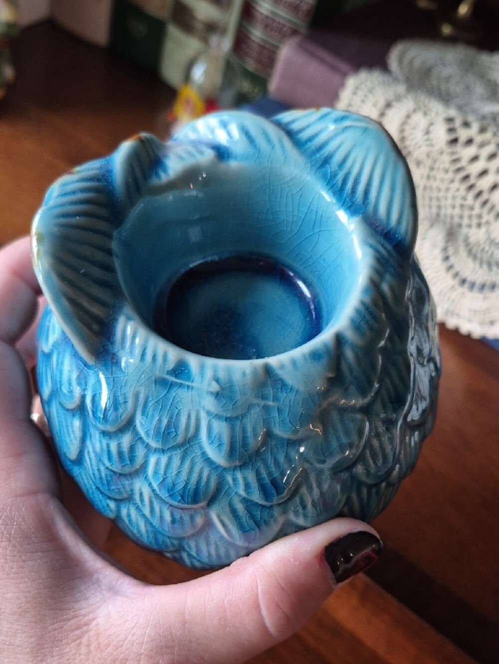 Ceramic Blue Owl Candle Holders- Pair - Picture 4 of 7